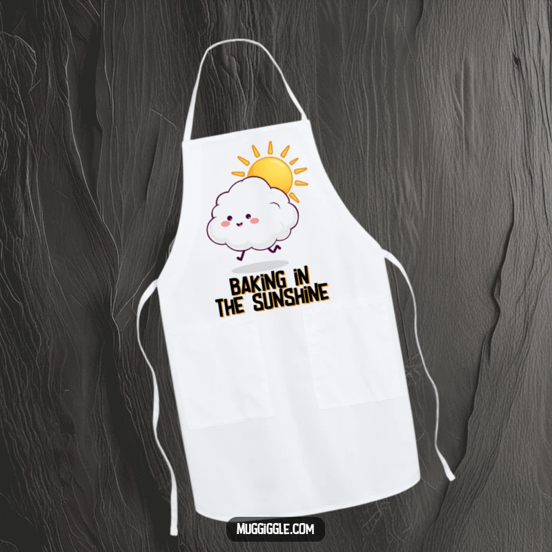 Funny fluffy cloud with tiny legs chasing a beaming sun, on a functional and cheerful apron.