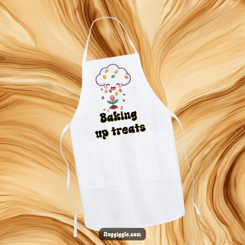Funny apron depicting a happy cloud character raining jellybeans onto a small plant, ideal for kitchen or gardening activities.