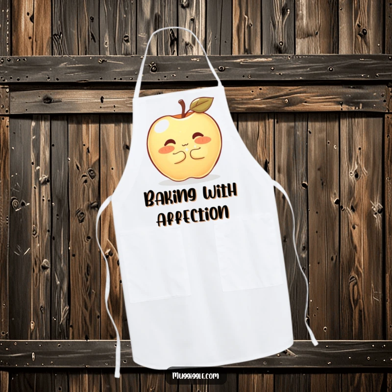 Funny Apron featuring a shyly blushing apple hugging a sparkly button, perfect for the gentle chef, adding humor to cooking.
