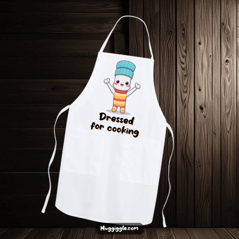 Funny Apron: A triumphant anthropomorphic sock wears its matching sock as a hat while preparing delicious meals.