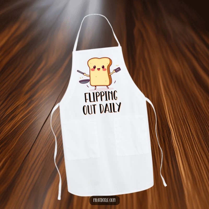 Funny apron showing a brave piece of toast expertly juggling three hot frying pans, ready for kitchen adventures.