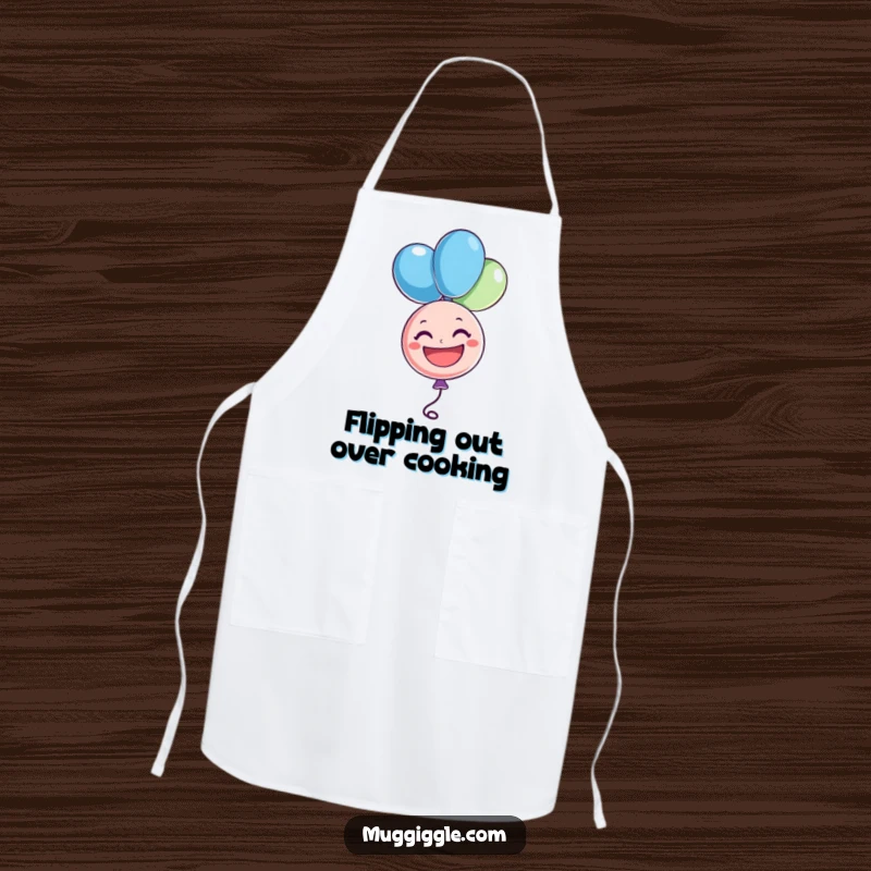 Funny apron featuring a cheerful balloon character floating upside down with a big grin, perfect for festive cooking, a funny gift.