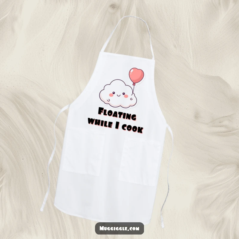 Funny apron with a smiling cloud character floating away with a runaway balloon, bringing whimsical humor to cooking.