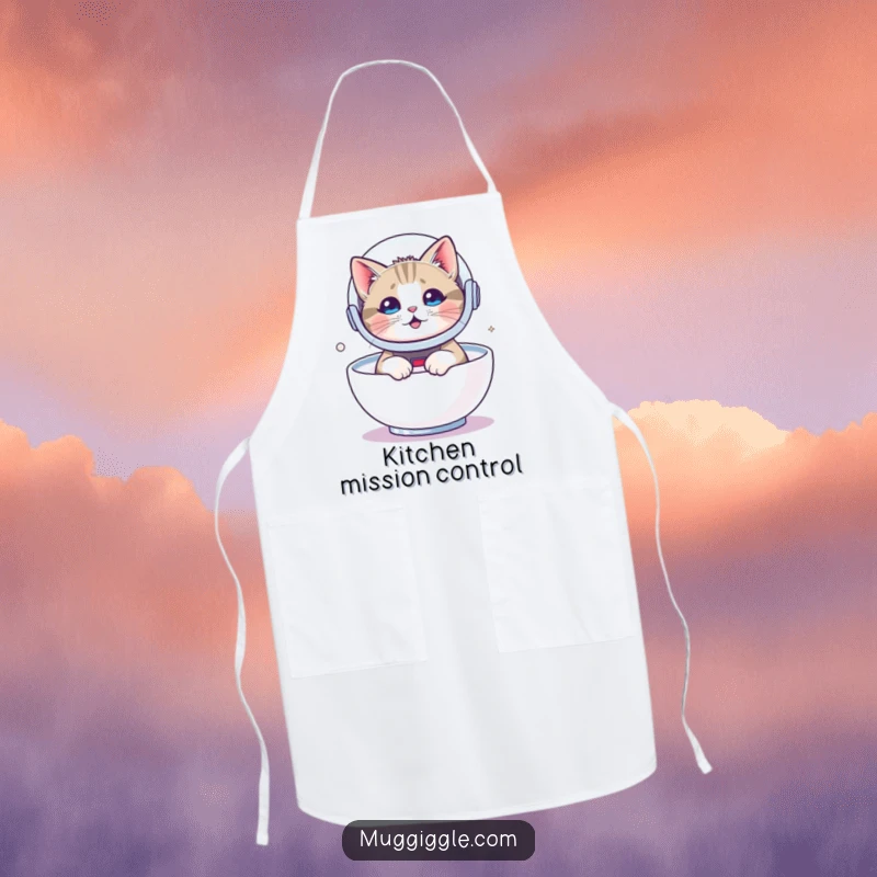Funny apron with a cat in an astronaut helmet floating in milk, ideal for kitchen duty with a cosmic twist.