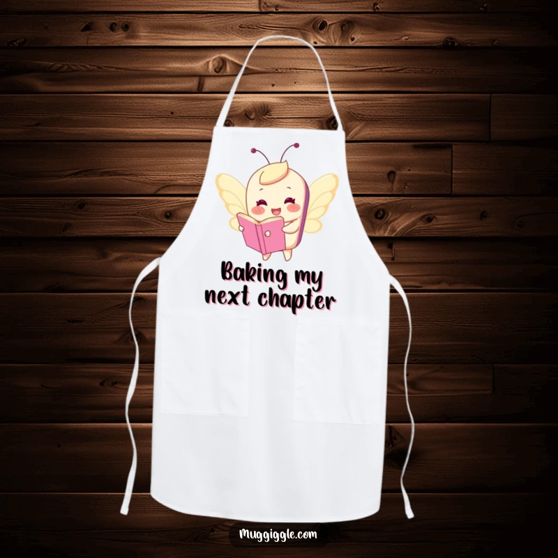 Funny apron featuring a happy book character comically flying with tiny butterfly wings, perfect for kitchen tasks with a touch of whimsical cheer.