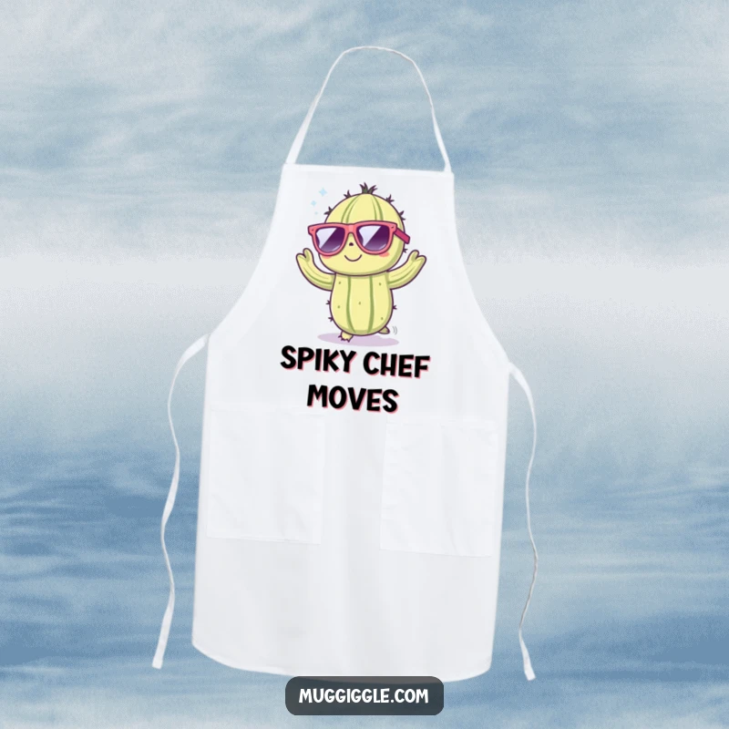 Funny apron showing a cute cactus character in large sunglasses, dancing energetically, perfect for kitchen tasks.