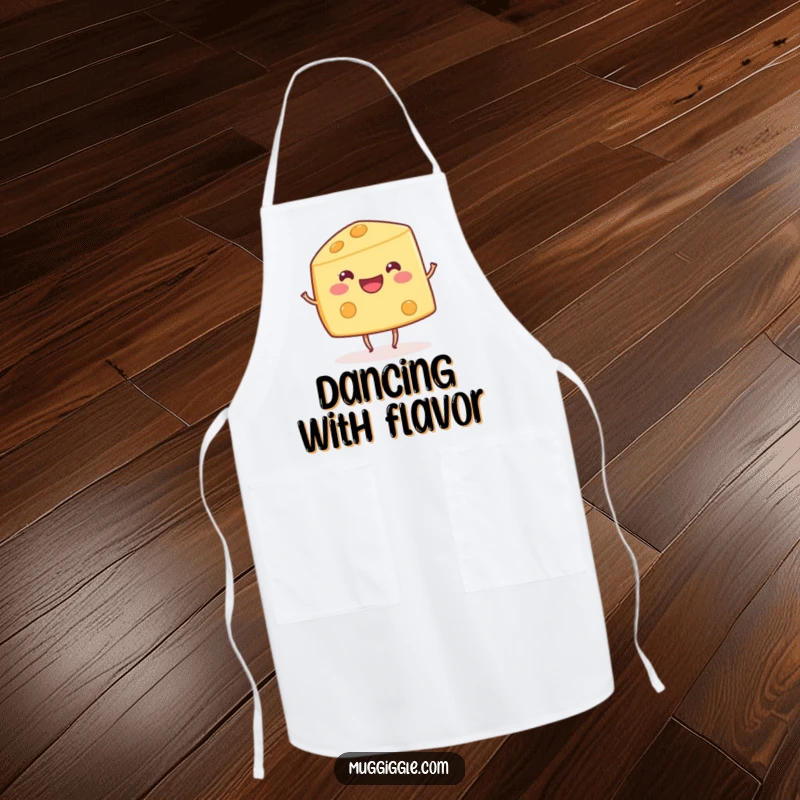 Funny happy cheese wedge character with tiny dancing legs, depicted on a kitchen apron for humorous cooking.
