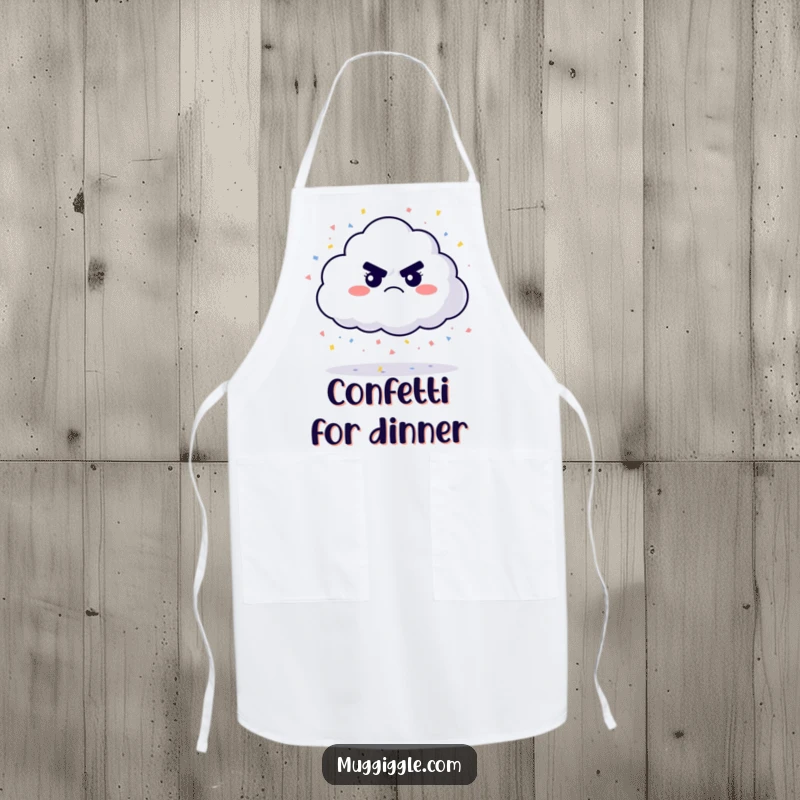 Funny grumpy cloud apron, raining confetti with a frown, a humorous and practical accessory for a funny gift.