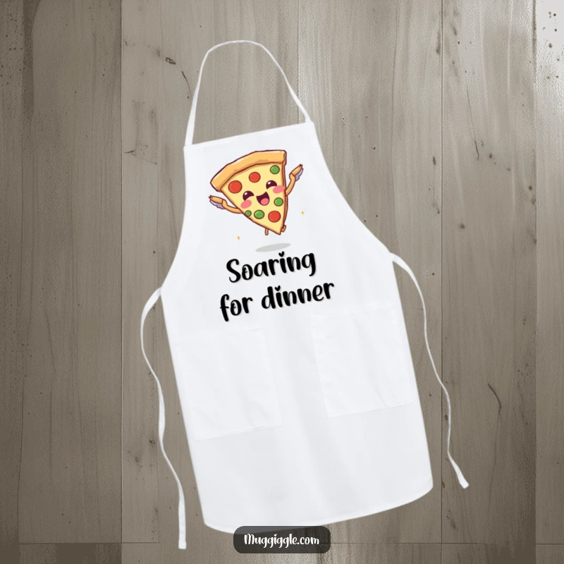 Funny apron depicting a joyful pizza slice character attempting to fly with breadstick wings, ideal for kitchen activities and foodie fun.