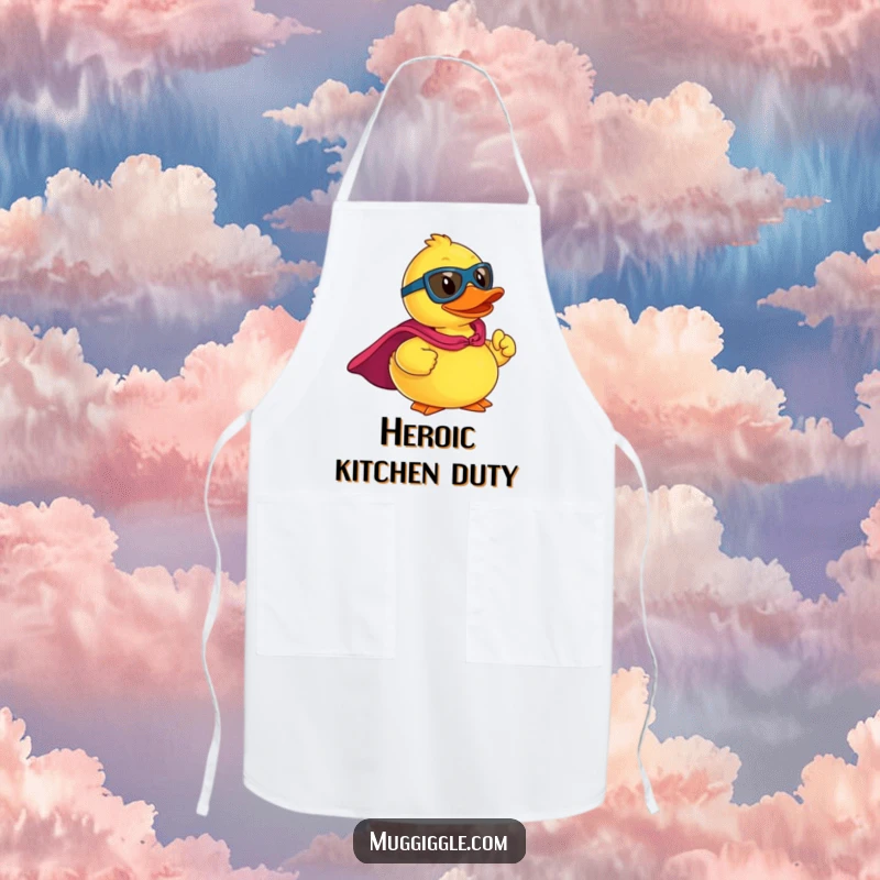 Funny apron illustrated with a rubber ducky superhero character in a cape striking a heroic pose while cooking.