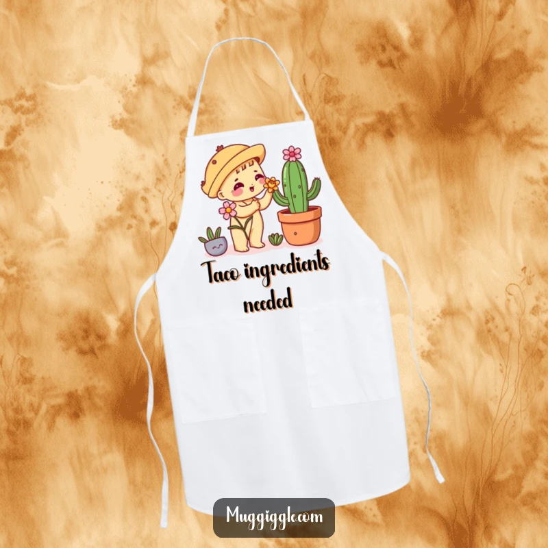 Funny apron with a shy taco character offering a flower to a cactus, bringing sweet humor to kitchen activities.