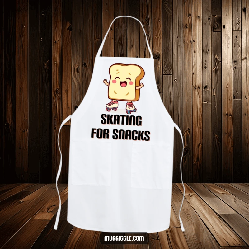 Funny Toast Roller Skates Apron: A determined slice of toast character comically trying to put on roller skates, humorous kitchen attire.