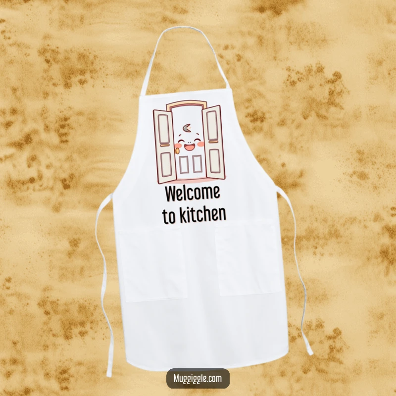 Funny apron showing a friendly door character opening wide to reveal a laughing face, ideal for a welcoming kitchen.
