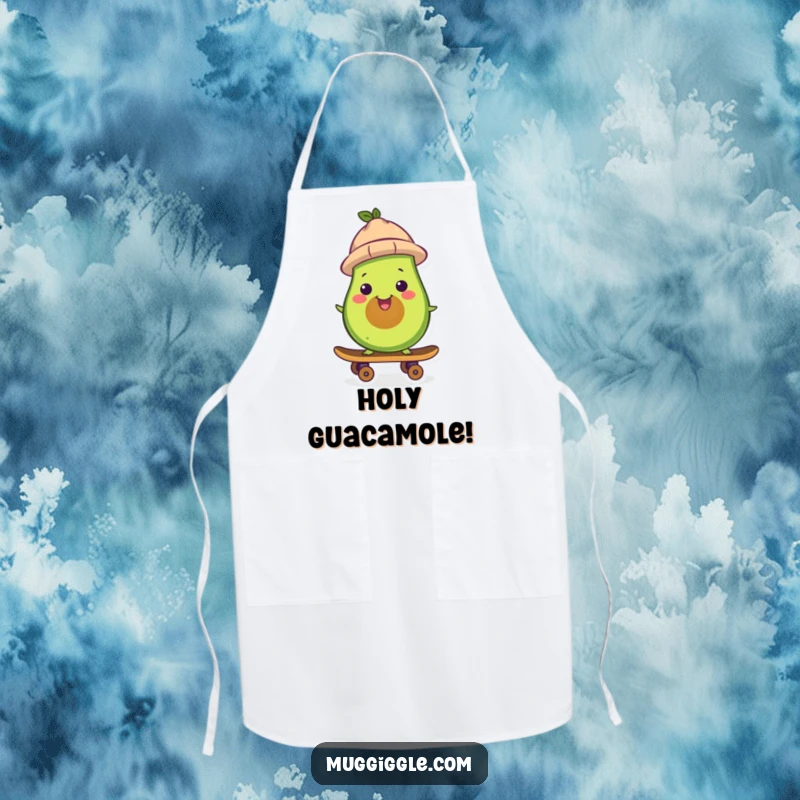 Funny avocado apron, wearing a hat, skateboarding while cooking, a humorous and practical accessory for a funny gift.