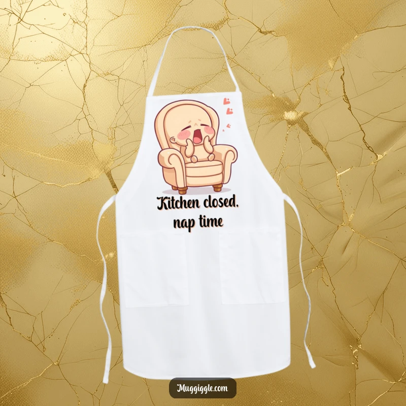 Funny apron featuring a sleepy armchair character yawning, ideal for kitchen use with a touch of sleepy humor, a great funny gift.