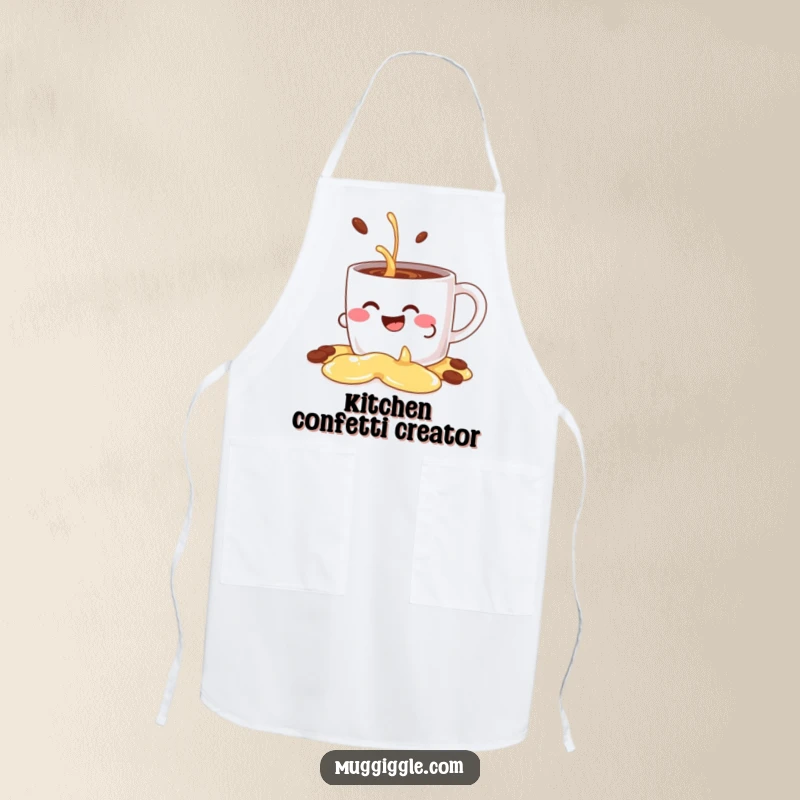 Funny kitchen apron with a giggling coffee mug character comically spilling its contents decoratively, ideal for chefs who love humor.