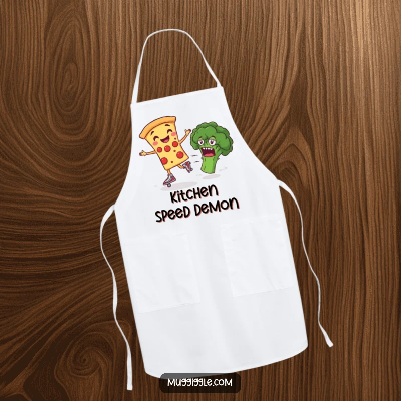 Funny Apron featuring a smiling pizza slice on roller skates, perfect for the pizza enthusiast chef, adding humor to cooking.