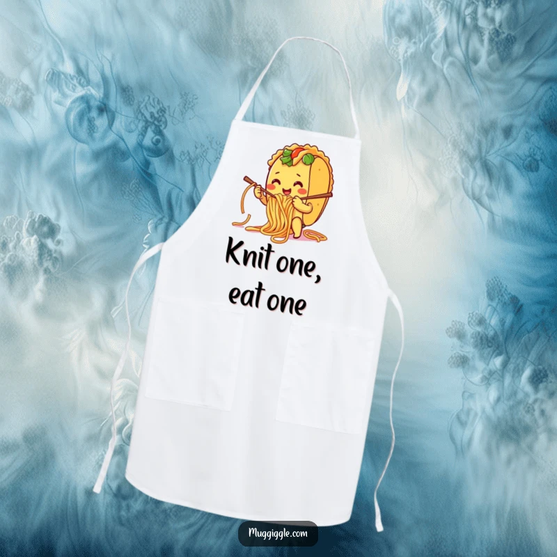 Funny Apron: A smiling taco character humorously knitting with spaghetti noodles, perfect for chefs who love food puns.