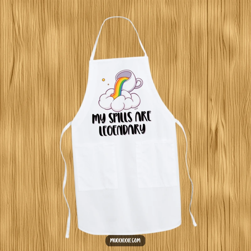 Funny Apron: A tiny teacup spills a vibrant rainbow onto a startled fluffy cloud, bringing humor to the kitchen.