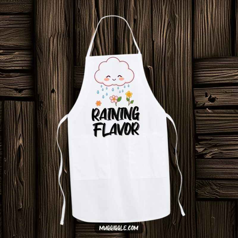 Funny cloud character apron, raining happy drops on a flower, perfect for a joyful cook.