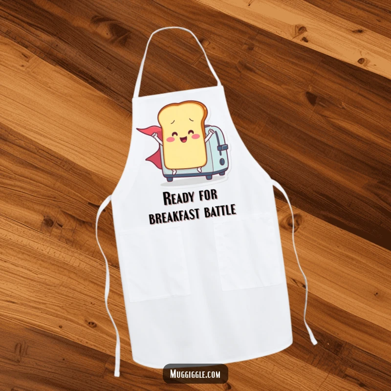 Funny apron showing a smiling toast character in a cape, launching from a toaster, ready for heroic cooking sessions.