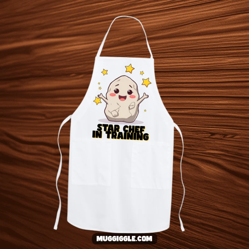 Funny smiling rock character juggling small stars, depicted on a kitchen apron for humorous cooking.