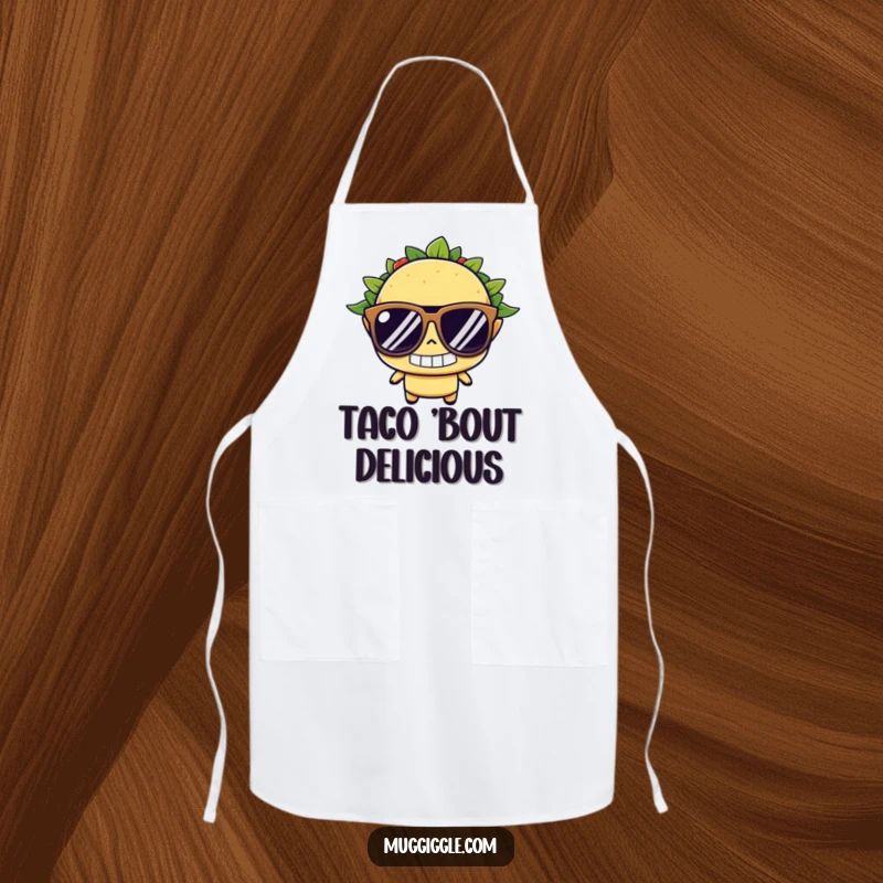 Funny taco apron, wearing oversized sunglasses with a determined grin, a humorous and practical accessory for a funny gift.