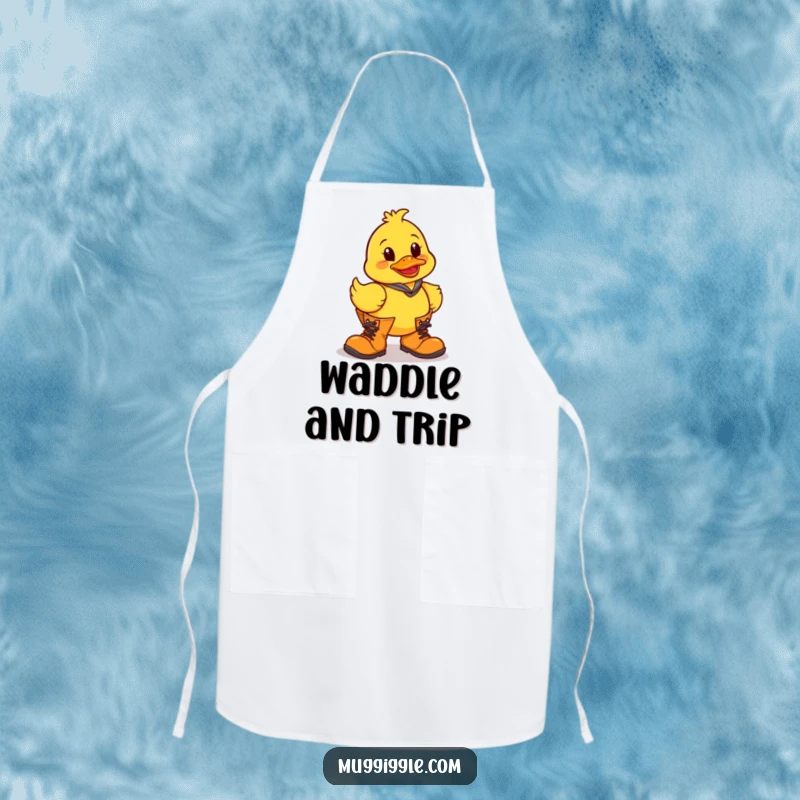 Funny rubber duck character in oversized boots, depicted on a kitchen apron for humorous cooking sessions.