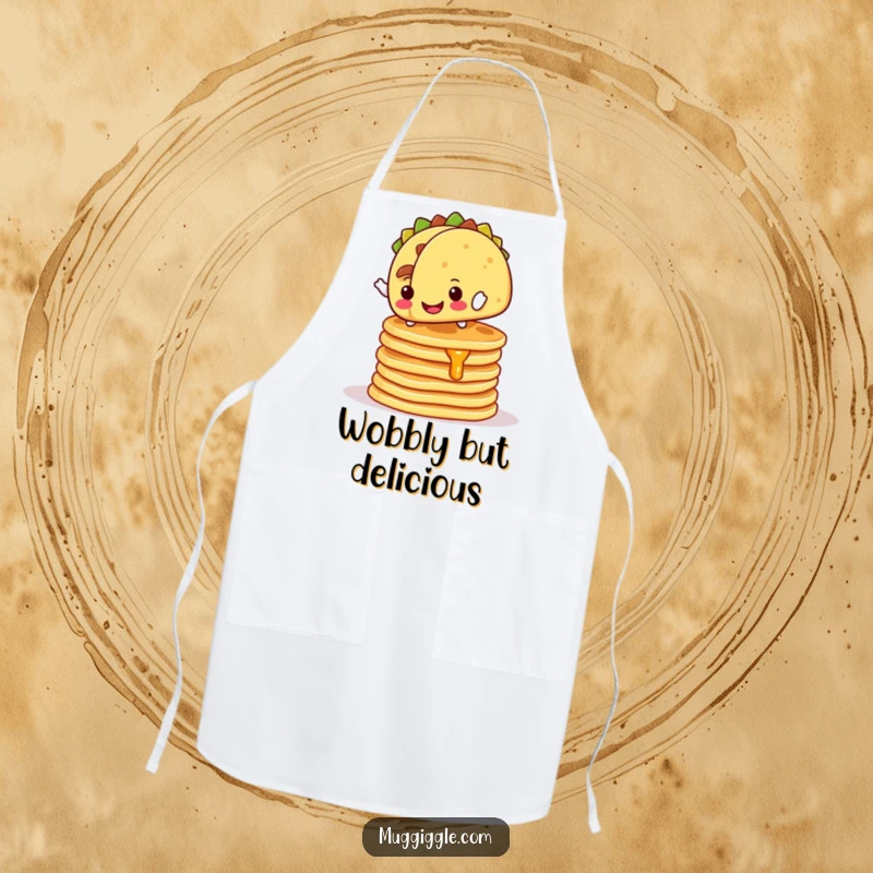 Funny Apron: Cheerful taco character balancing on wobbly pancakes, a humorous kitchen accessory.