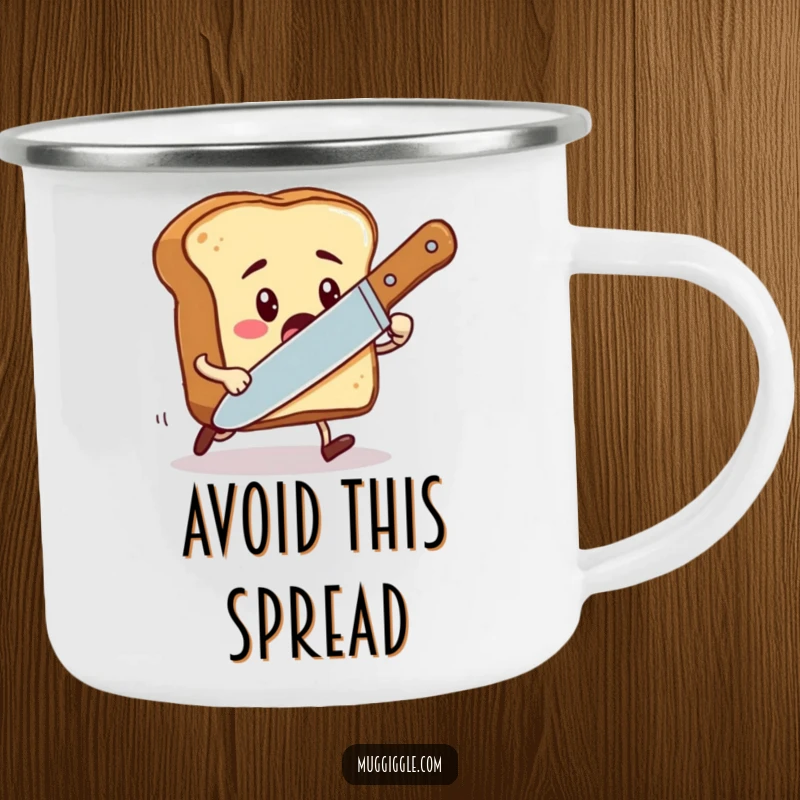 Funny camping mug featuring a startled toast character being chased by an oversized butter knife, durable for outdoor use.