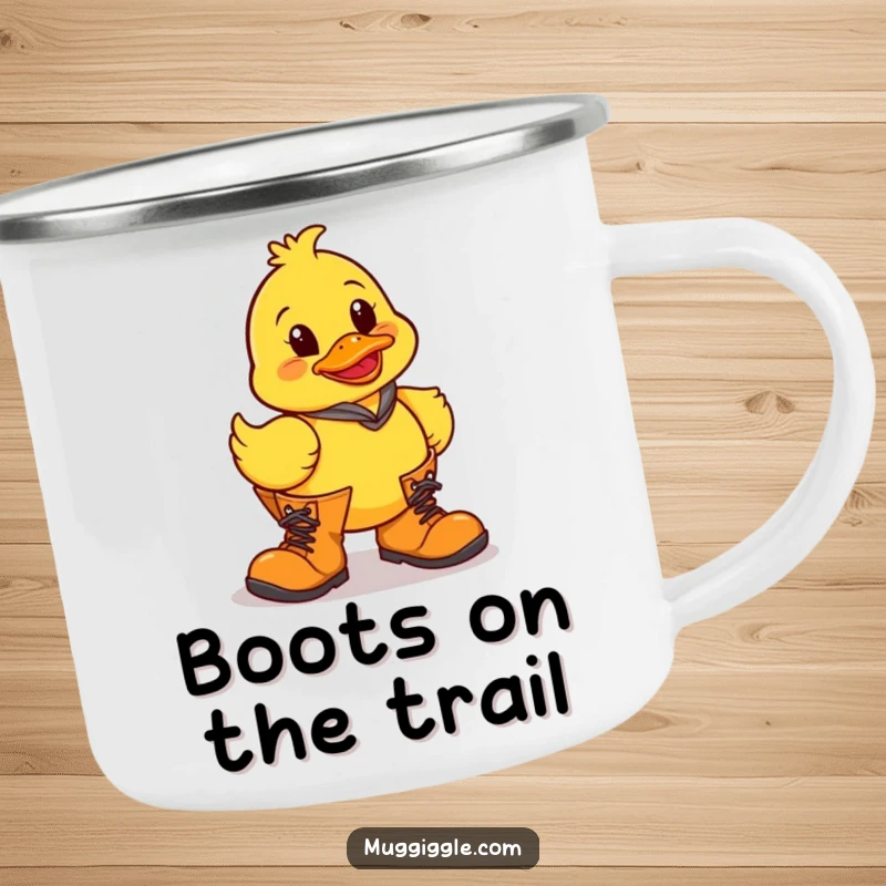Funny rubber duck character in ill-fitting oversized boots, designed for a humorous camping mug.
