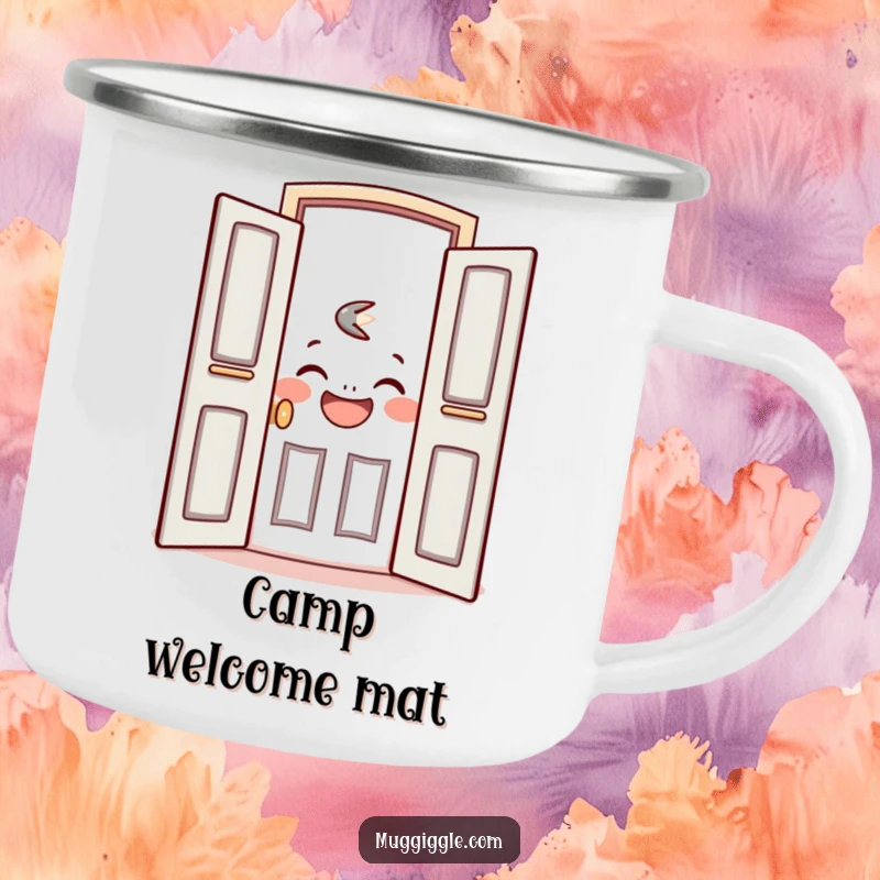 Funny camping mug with a friendly door character opening to reveal a laughing face, perfect for cheerful outdoor beverages.