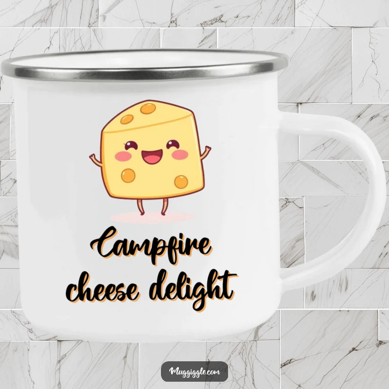 Funny happy cheese wedge character with tiny dancing legs, designed for a humorous camping mug.