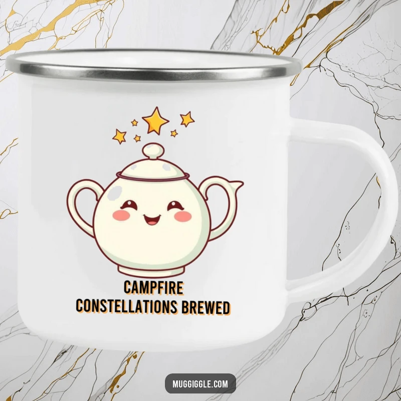 Funny camping mug with a cheerful teapot pouring stars, ideal for outdoor enthusiasts who appreciate a touch of magic.
