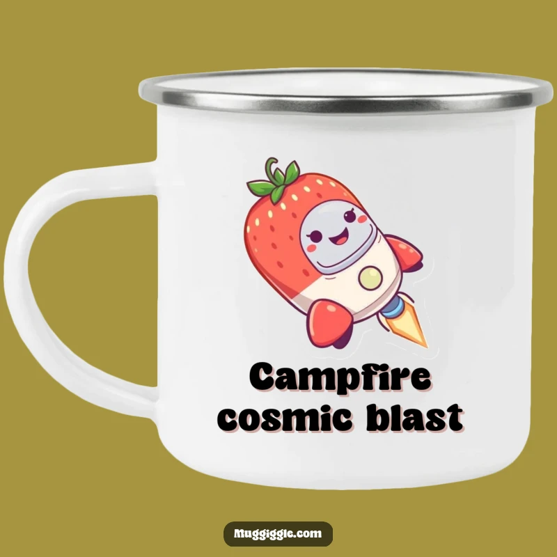 Cosmic Explorer Funny Camping Mug: Strawberry Rocket, Humorous Outdoor Gift