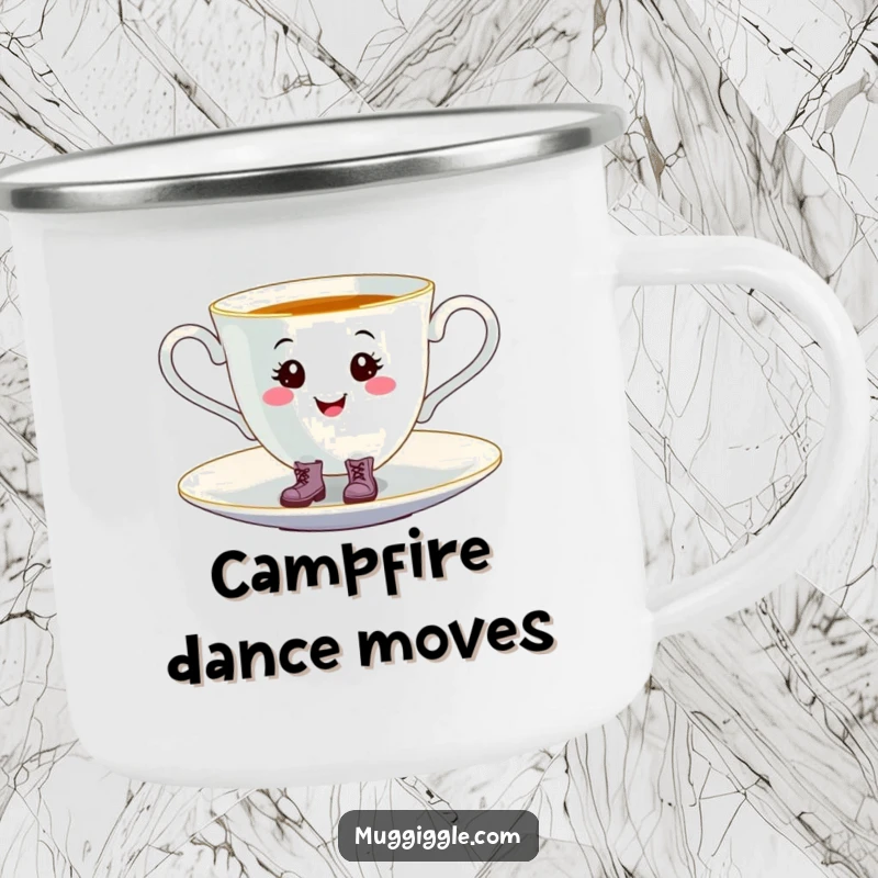 Funny smiling teacup wearing tiny boots, happily tap-dancing on a saucer, perfect for outdoor use on a camping mug.