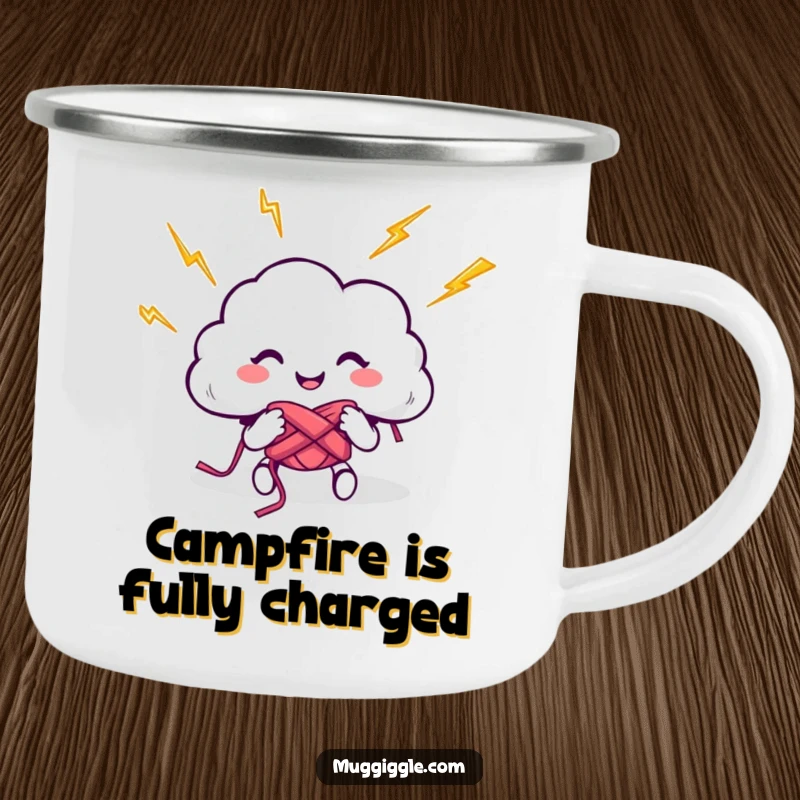 Funny camping mug with a happy cloud character knitting with bright lightning bolts, designed for rugged adventures and humorous enjoyment.