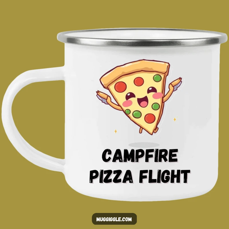 Funny Pizza Flying Camping Mug: Joyful Slice Character - Outdoor Foodie Adventure Gift