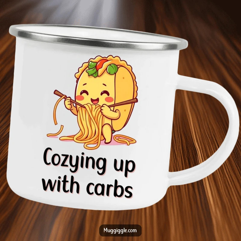 Funny Camping Mug: A smiling taco character humorously knitting with spaghetti noodles, perfect for outdoor foodies and humor lovers.