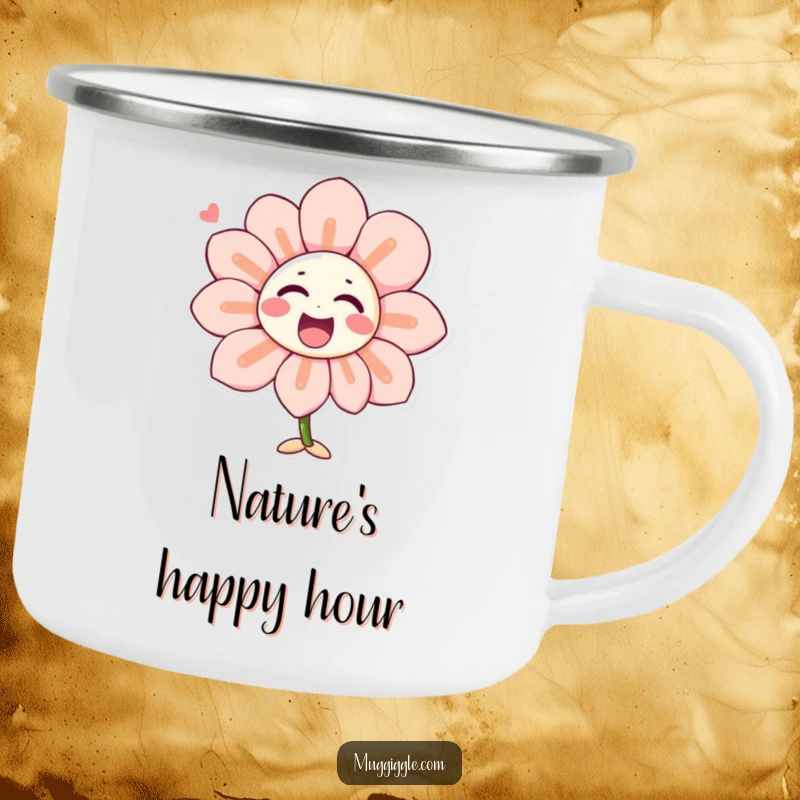 Funny camping mug showing a singing flower character with laughter-shaped petals, perfect for outdoor adventures and cheerful moments.