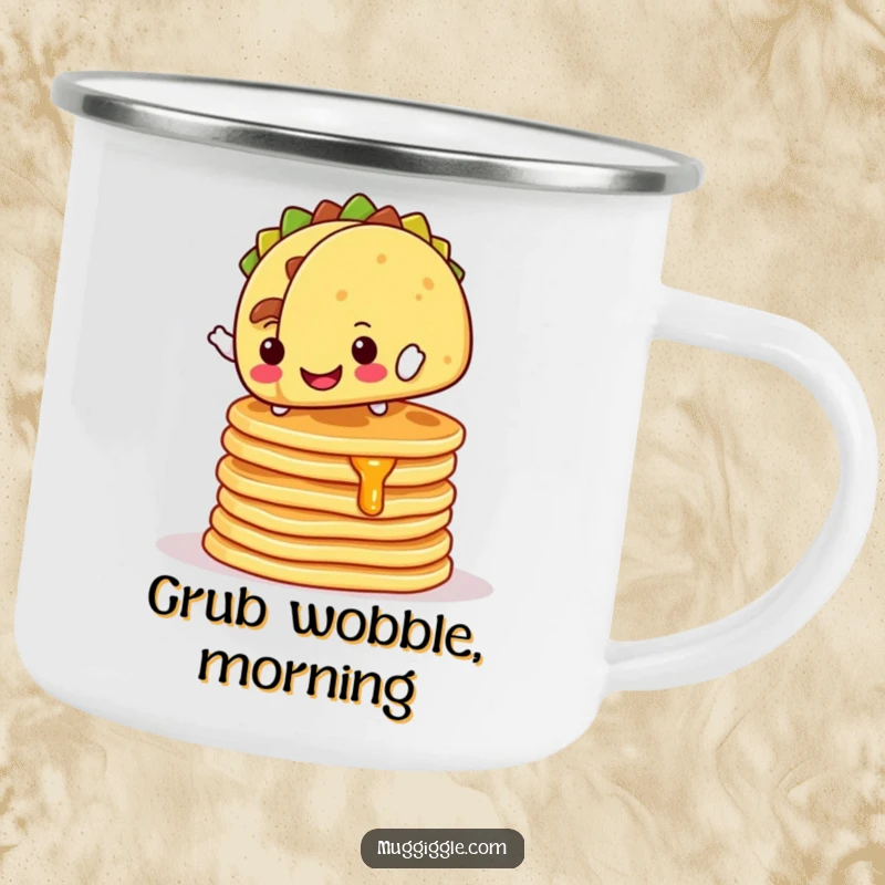 Funny Camping Mug: Cheerful taco character balancing on wobbly pancakes, humorous outdoor cup.