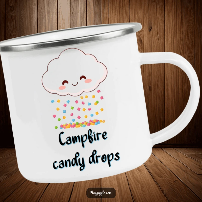 Funny camping mug with a smiling cloud raining candy, perfect for outdoor enthusiasts who enjoy a touch of sweetness.
