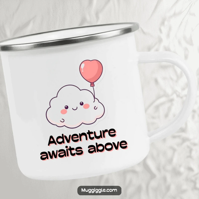 Funny camping mug with a smiling cloud character floating away with a runaway balloon, perfect for outdoor whimsy.