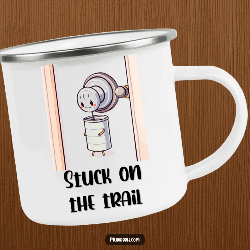 Funny Camping Mug: A sentient door knob struggles to open a tiny, unyielding tin can, adding humor to camping.