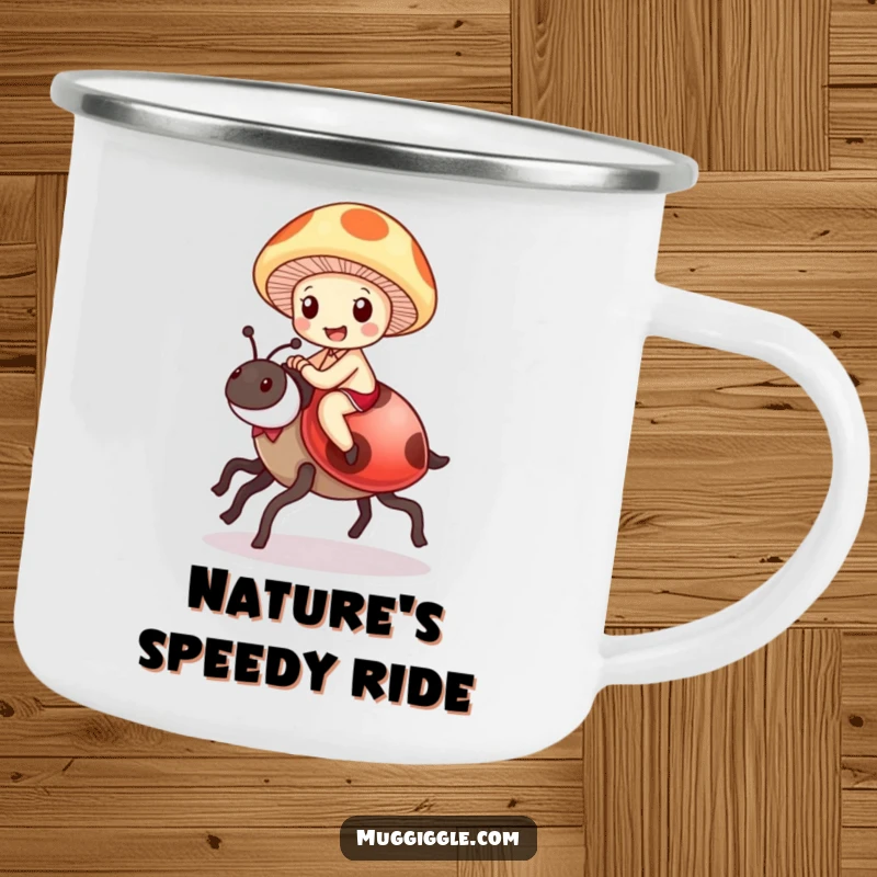 Funny Mushroom Ladybug Camping Mug: A delighted mushroom character joyfully rides a ladybug as a steed, a durable outdoor cup.