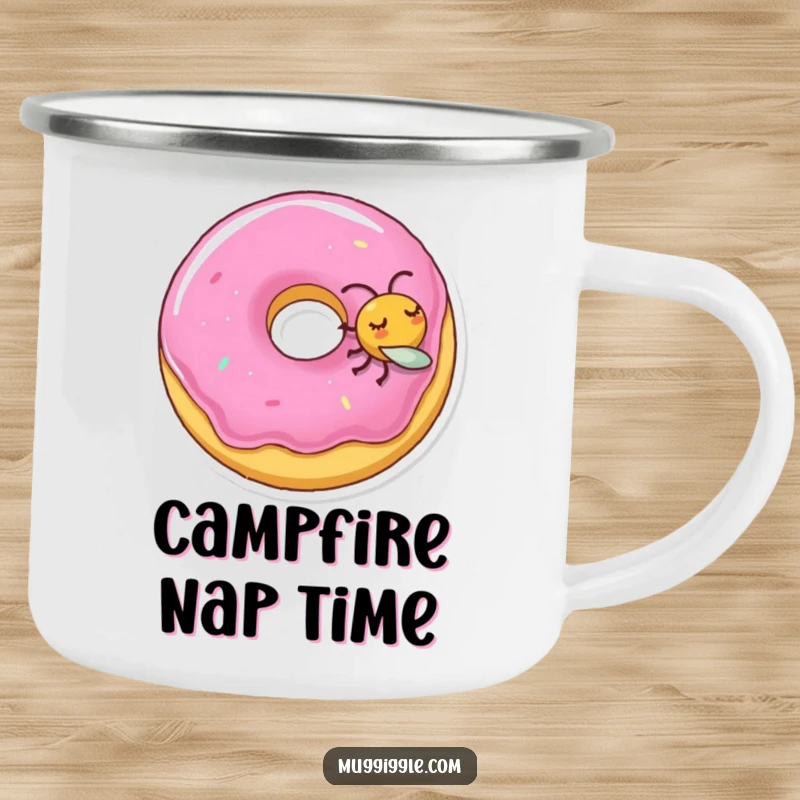 Funny camping mug with a sleeping donut character being nudged by a playful fly, perfect for outdoor use.