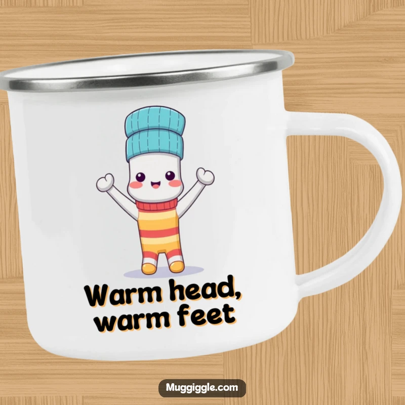 Funny Camping Mug: A triumphant anthropomorphic sock wears its matching sock as a hat, ready for outdoor adventures.