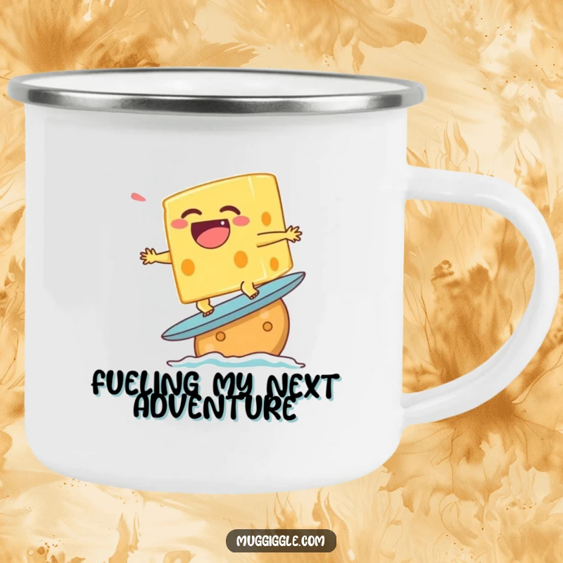 Funny camping mug of a laughing cheese character attempting to surf on a cracker, perfect for outdoor beverages.