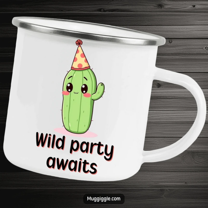 Funny Camping Mug: Surprised cactus with a party hat, ready for outdoor celebrations.