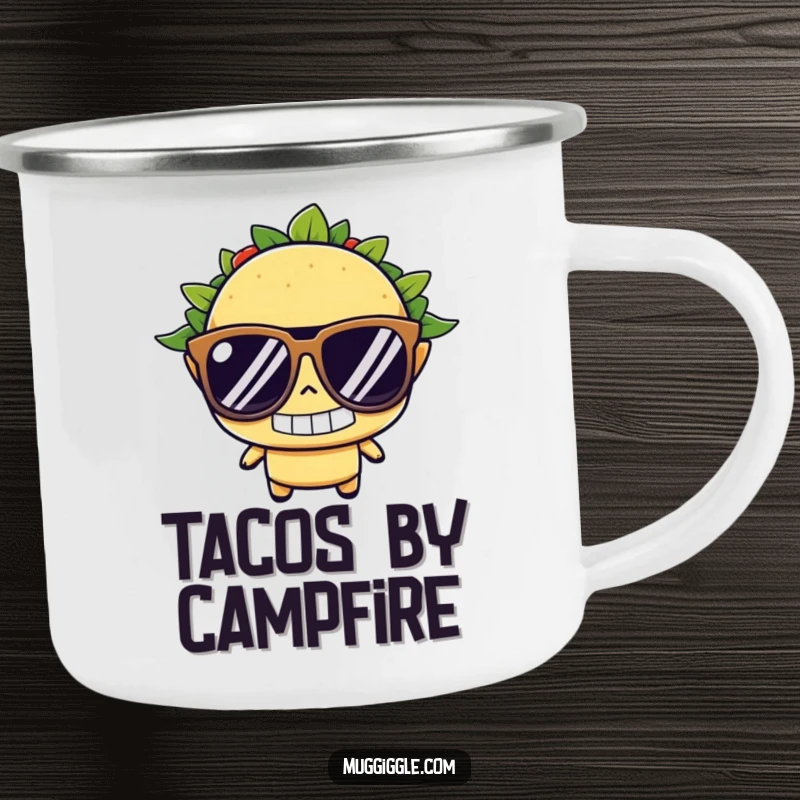 Funny taco camping mug, wearing oversized sunglasses with a determined grin, humorous and durable for outdoor adventures, a great funny gift.